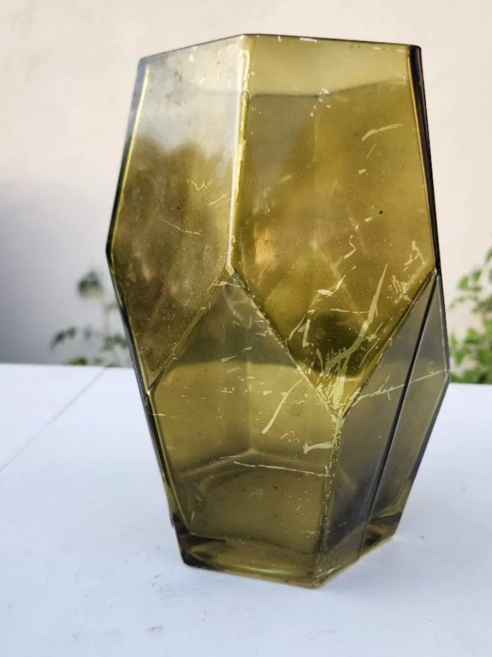 Beautiful Vintage Green Hexagon Vase Terrarium Decor Mid Century Modern Glass Ru